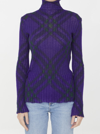Burberry Checked Ribbed Mohair-blend Turtleneck Sweater In Royal Ip Check