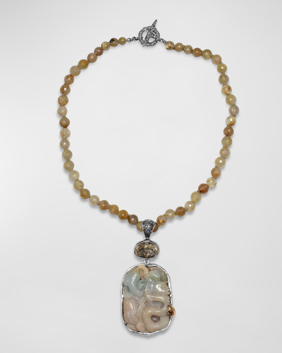 Stephen Dweck Vintage Hand Carved Jade Pendant On Quartz Bead Necklace In Multi