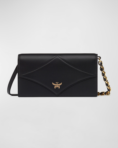 Mcm Diamond Flap Leather Wallet On Chain In Black