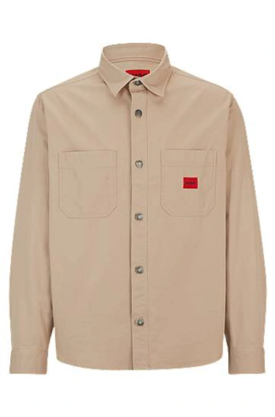 Hugo Boss Oversize-fit Shirt In Cotton Twill With Logo Label In Beige