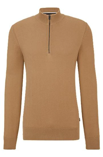 Hugo Boss Zip-neck Sweater In Micro-structured Cotton In Brown