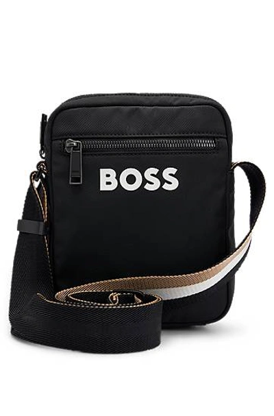 Hugo Boss Contrast-logo Cross-body Bag With Signature-stripe Strap In Black