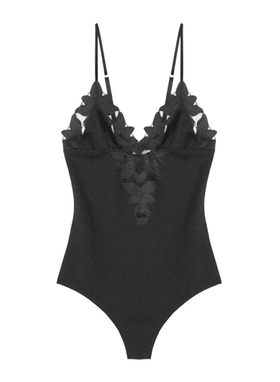 Fleur Du Mal Lily Embroidery V-neck Plunge Bodysuit In Black
