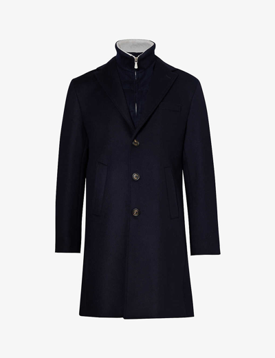 Eleventy Mens Navy Funnel-neck Notched-lapel Regular-fit Wool And Cashmere-blend Coat In Blue