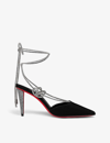 CHRISTIAN LOUBOUTIN CHRISTIAN LOUBOUTIN WOMEN'S BLACK ASTRID 85 CRYSTAL-EMBELLISHED SUEDE HEELED COURTS