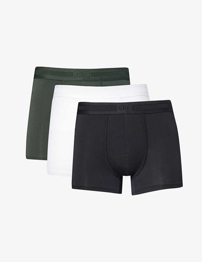 Che Pack Of Three Branded-waistband Stretch-woven Trunks In Black, White, Pine Green