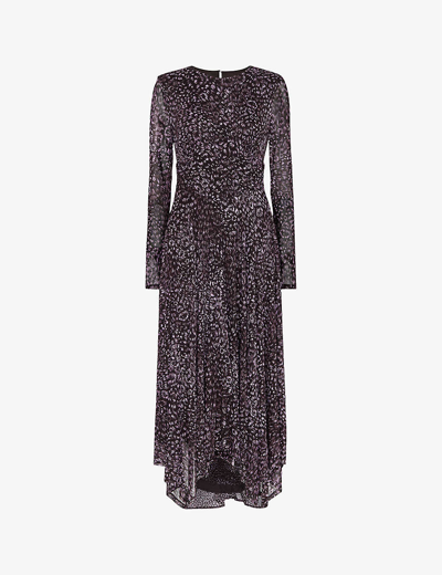 Whistles Feather Leopard Print Mesh Midi Dress In Gray