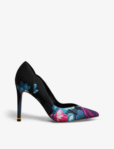 Ted Baker Womens Black Orlas Floral-print Heeled Satin Court Shoes