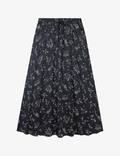 The White Company Womens Black Floral-print Satin Midi Skirt