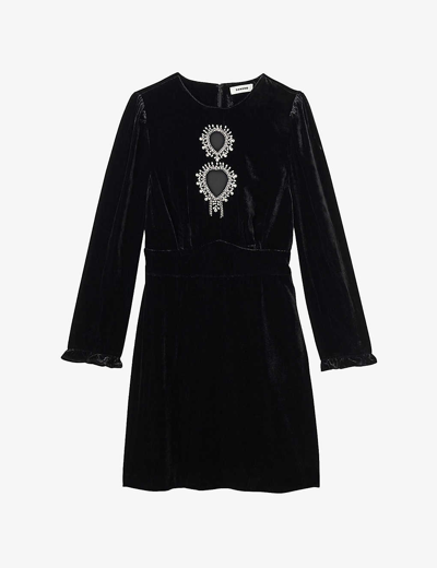 Sandro Crystal-embellished Velvet Minidress In Noir / Gris