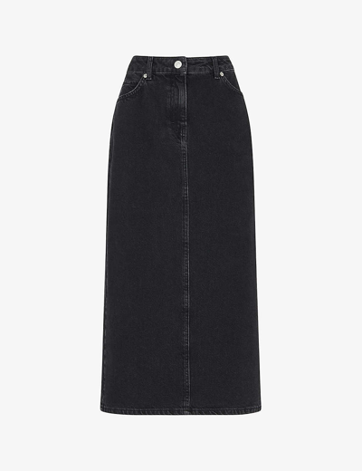 Whistles Womens Barely Black Faded-wash High-waist Denim Midi Skirt