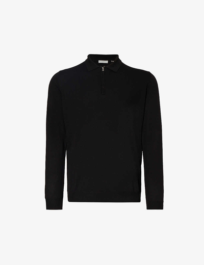 Ikks Mens Noir Fine-knit Brand-plaque Regular-fit Woven-blend Polo Shirt