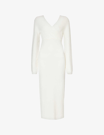 Amy Lynn Womens White V-neck Rib-knitted Midi Dress