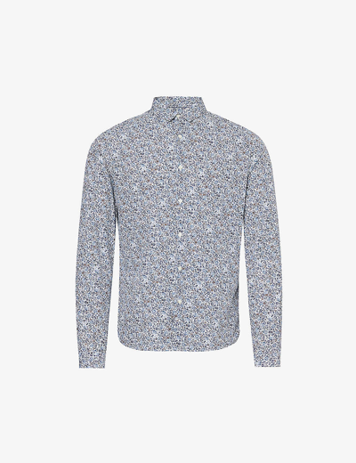 Ikks Mens Marine Floral-print Slim-fit Cotton Shirt In Blue