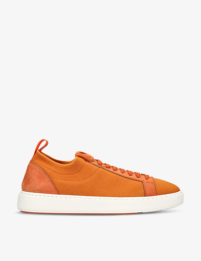 Santoni Mens Orange Tech Stretch-knit And Suede Low-top Trainers