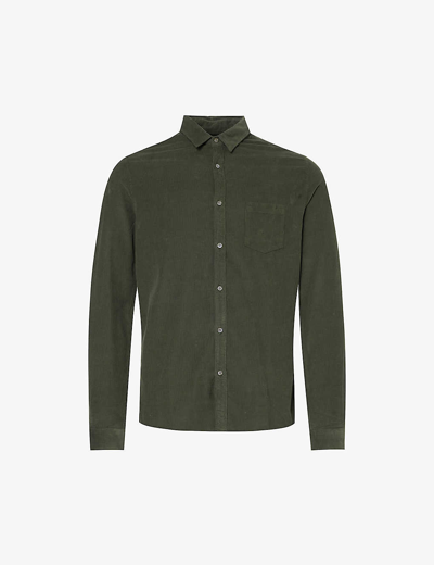 Ikks Mens Kaki Patch-pocket Velvet-texture Regular-fit Cotton Shirt In Green