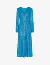 WHISTLES WHISTLES WOMENS BLUE SEQUIN-EMBELLISHED KEYHOLE-DETAIL STRETCH-RECYCLED POLYESTER MIDI DRESS