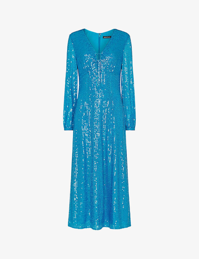 Whistles Womens Blue Sequin-embellished Keyhole-detail Stretch-recycled Polyester Midi Dress