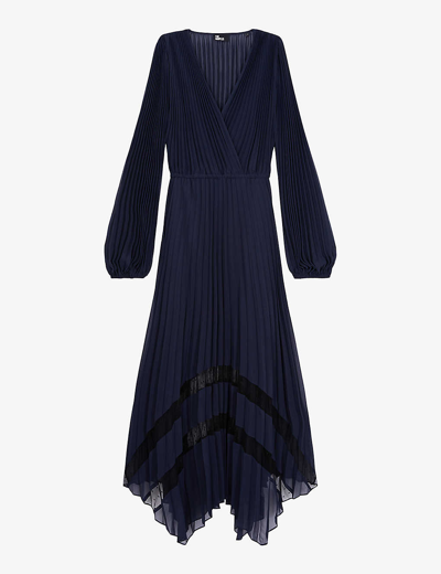 The Kooples Womens Navy V-neck Asymmetric-hem Woven Midi Dress