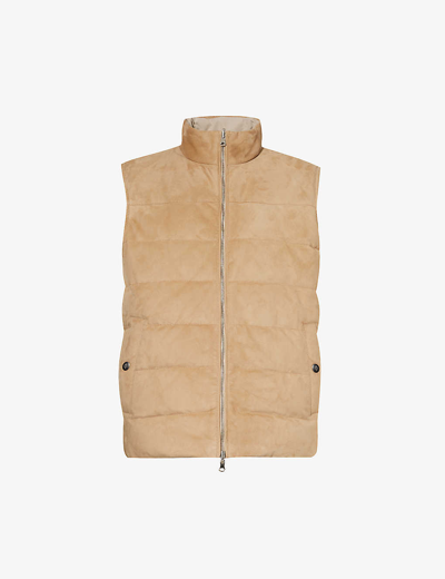 Eleventy Mens Camel Sand Funnel-neck Slip-pocket Suede-down Gilet In Camel  Sand