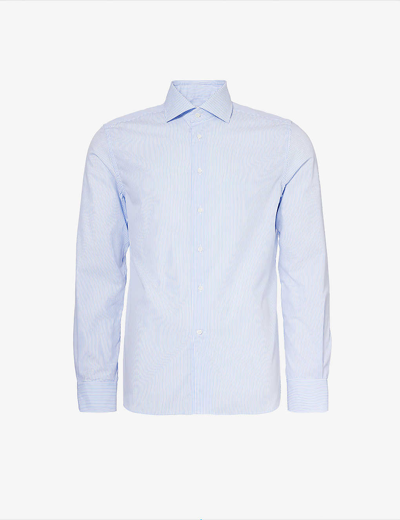 Corneliani Mens Blue Stripe Spread-collar Curved-hem Regular-fit Cotton-poplin Shirt