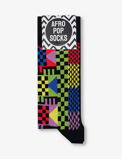 Afropop Socks Mens Geom Black Graphic-pattern Stretch-cotton Blend Socks