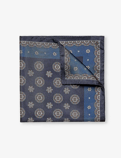 Eton Mens Navy Blue Patterned Silk Pocket Square
