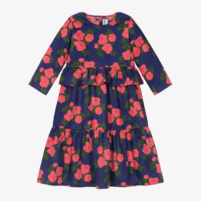 Mini Rodini Kids' Roses荷叶边棉质连衣裙 In Blue