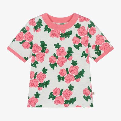 Mini Rodini Babies' Girls White Floral Organic Cotton T-shirt In Pink