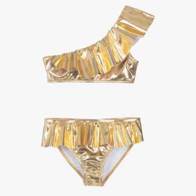 Stella Cove Teen Girls Metallic Gold One Shoulder Bikini