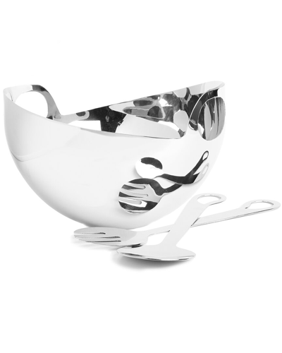 Alice Pazkus Stainess Steel Salad Bowl With Server Set In Silver