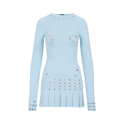 Off-white Pleated Mini Dress With Eyelets Detailing In Blue