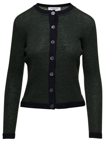 Thom Browne Crew Neck Cardigan W/ Contrast Trims In Wool Rib In Green
