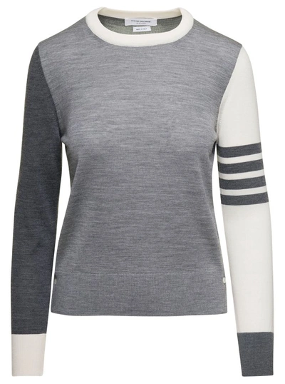Thom Browne Fun Mix Relaxed Fit Crew Neck Pullover In Fine Merino Wool W/ 4 Bar Stripe In Grey