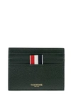 THOM BROWNE SINGLE CARD HOLDER W/ NOTE COMPARTMENT 4 BAR IN PEBBLE GRAIN LEATHER