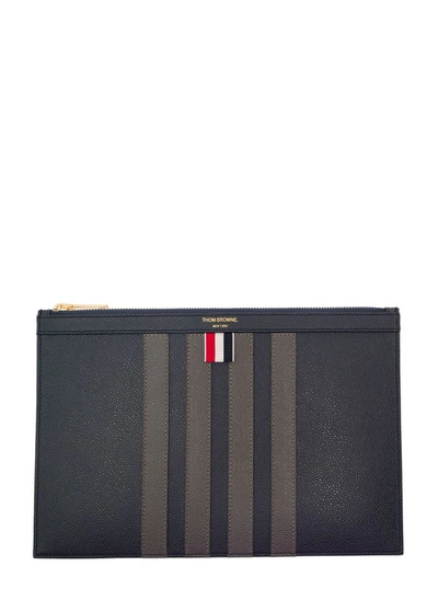 Thom Browne Small Document Holder W/ 4 Bar In Pebble Grain Leather In Grey