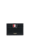 THOM BROWNE BLUE CARD-HOLDER WITH TRICOLOR DETAIL AND EMBOSSED LOGO IN SMOOTH LEATHER