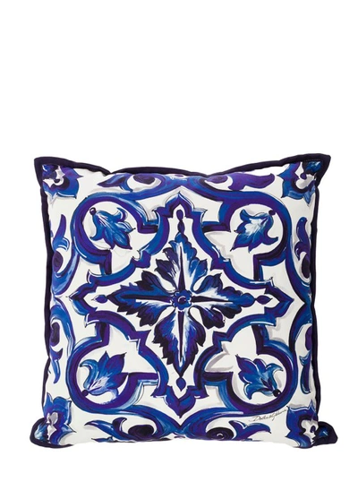 Dolce & Gabbana Blue And White Small Cushion With Blue Mediterranean Print In Cotton In Not Applicable