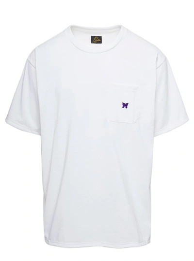 NEEDLES CREWNECK T-SHIRT WITH FRONT POCKET AND EMBROIDERED LOGO IN WHITE TECHNICAL FABRIC