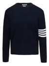 THOM BROWNE CABLE-KNIT JUMPER WITH SIGNATURE 4 BAR DETAILING IN BLUE COTTON