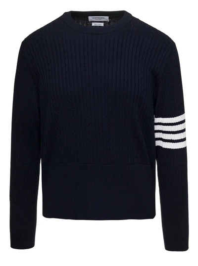 Thom Browne Cable-knit Jumper With Signature 4 Bar Detailing In Blue Cotton In Black