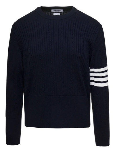 Thom Browne Cable-knit Jumper With Signature 4 Bar Detailing In Blue Cotton In Azul