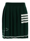 THOM BROWNE GREEN PLEATED MINI-SKIRT WITH DACHSHUND PRINT AND 4 BAR DETAIL IN WOOL