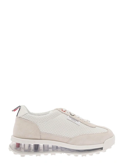 THOM BROWNE LOW TOP TECH SNEAKERS IN WHITE LEATHER