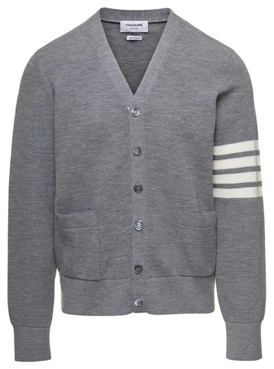 Thom Browne Waffle Stitch High V Neck Cardigan In Fine Merino Wool W/ 4 Stripe In Grey