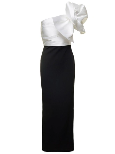 SOLACE LONDON SELIA ONE-SHOULDER MAXI DRESS IN BLACK AND WHITE TWILL