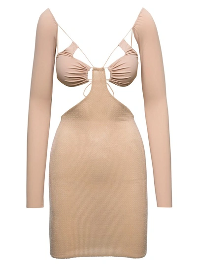 Amazuìn Amazuin Vera' Beige Mini Long-sleeve Dress With Tonal Paillettes In Stretch Polyamiide