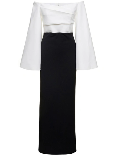 SOLACE LONDON ELIANA OFF-SHOULDER MAXI DRESS IN BLACK AND WHITE SATIN