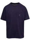 NEEDLES CREWNECK T-SHIRT WITH FRONT POCKET AND EMBROIDERED LOGO IN VIOLET TECHNICAL FABRIC