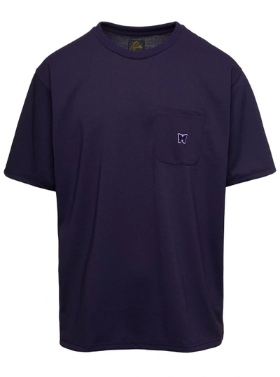 Needles Crewneck T-shirt With Front Pocket And Embroidered Logo In Violet Technical Fabric In Black